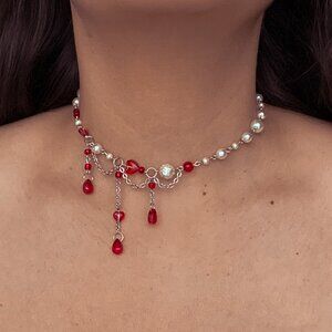 🩸 vampire love bite red blood droplet pearl choker necklace 🩸